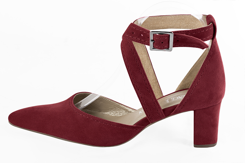 Burgundy red women's open side shoes, with crossed straps. Tapered toe. Medium block heels. Profile view - Florence KOOIJMAN